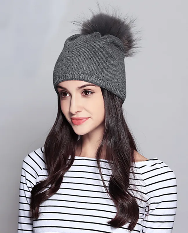 Raccoon Fur Rhinestone Beanie