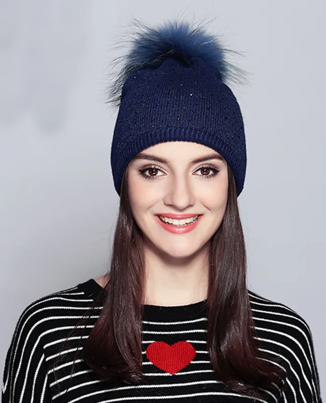 Raccoon Fur Rhinestone Beanie