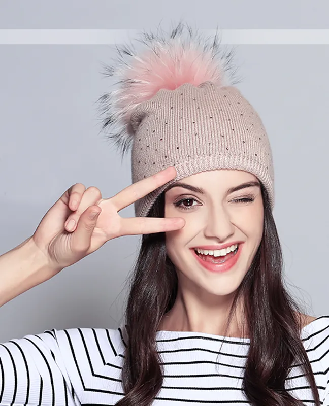 Raccoon Fur Rhinestone Beanie