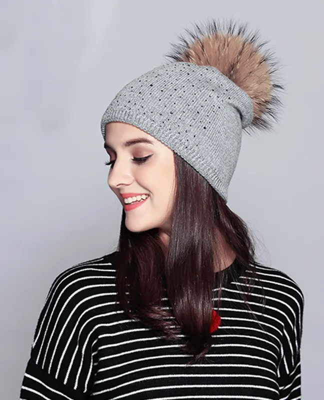 Raccoon Fur Rhinestone Beanie