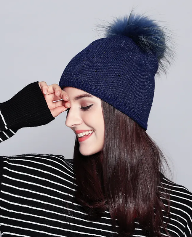 Raccoon Fur Rhinestone Beanie