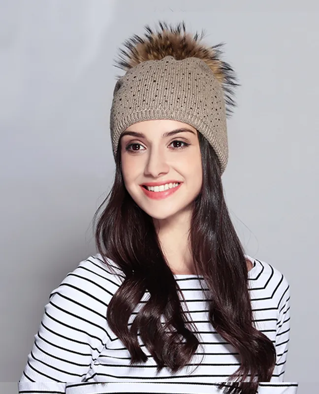 Raccoon Fur Rhinestone Beanie