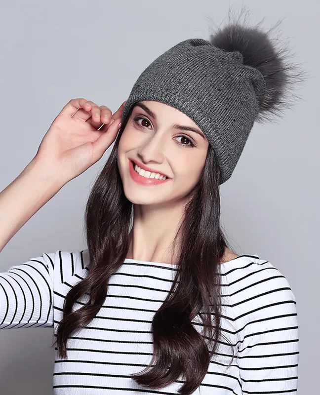 Raccoon Fur Rhinestone Beanie