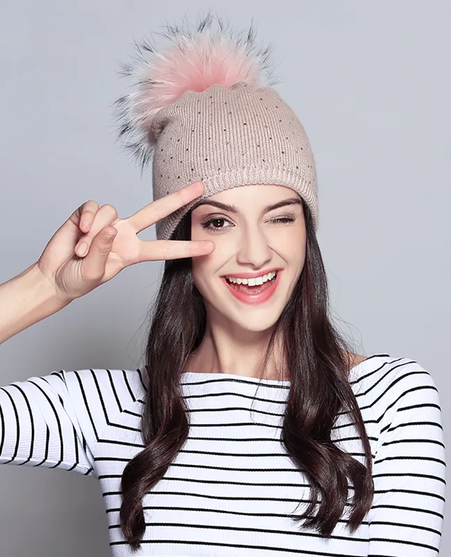 Raccoon Fur Rhinestone Beanie