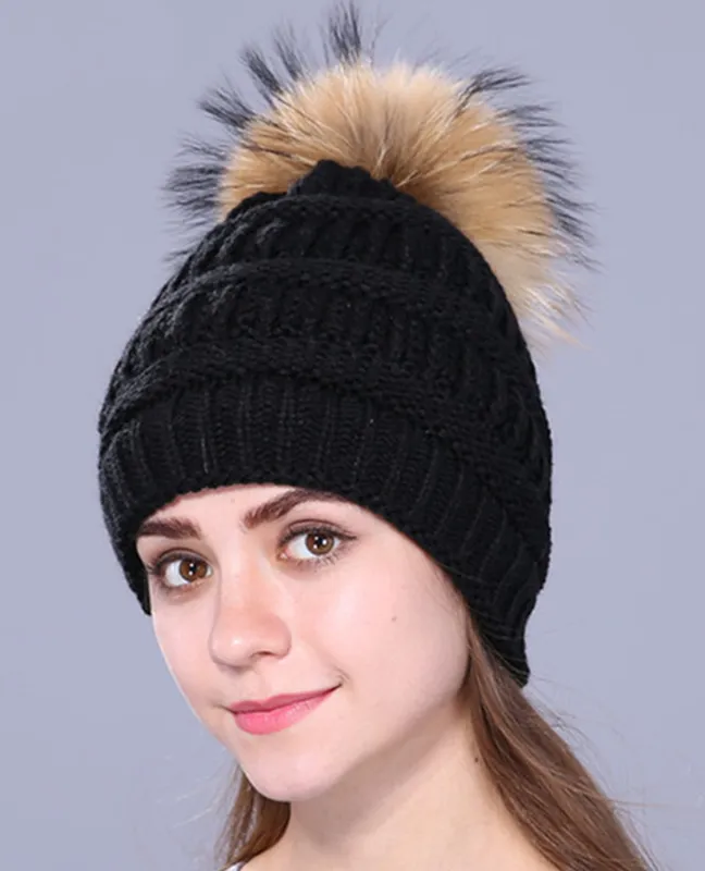 Real fox fur pompom beanie