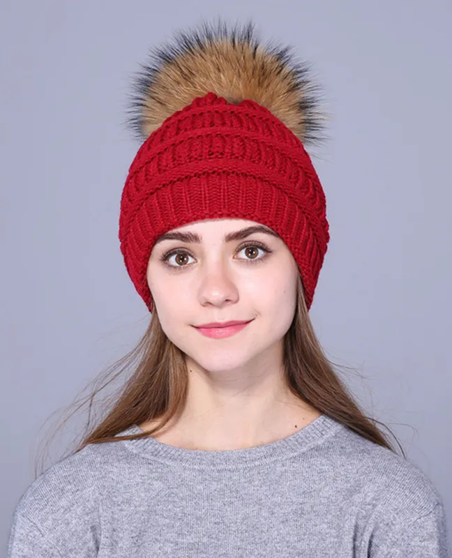 Real fox fur pompom beanie