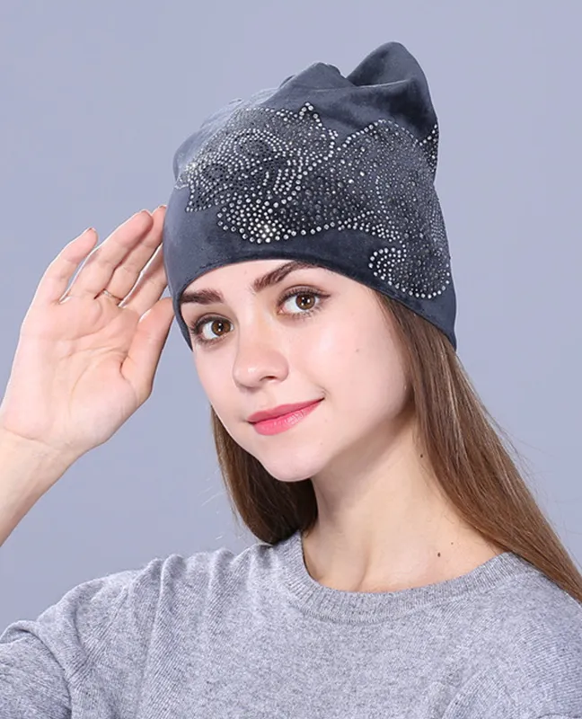 Rhinestone kitty Flannelette beanie
