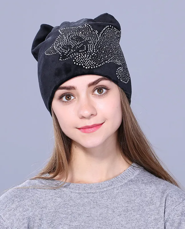Rhinestone kitty Flannelette beanie