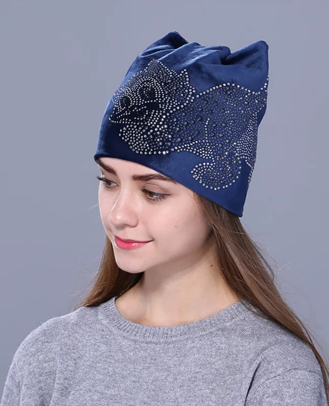 Rhinestone kitty Flannelette beanie