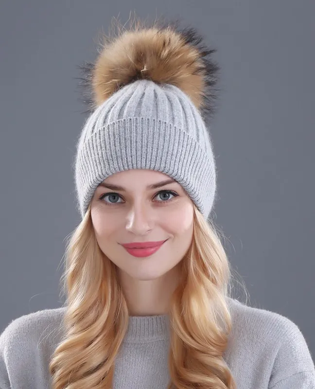 Rhinestone Natural Fur Beanie