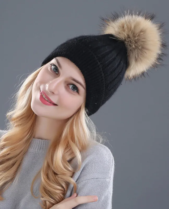 Rhinestone Natural Fur Beanie