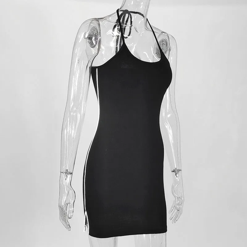 VenusFox Goth Apparel Sexy Women Halter Black Mini Dress Harajuku Letter Print Bodycon Dress Streetwear Backless High Waist Slit Dress