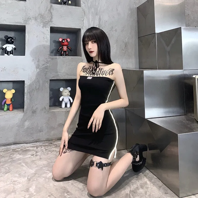VenusFox Goth Apparel Sexy Women Halter Black Mini Dress Harajuku Letter Print Bodycon Dress Streetwear Backless High Waist Slit Dress