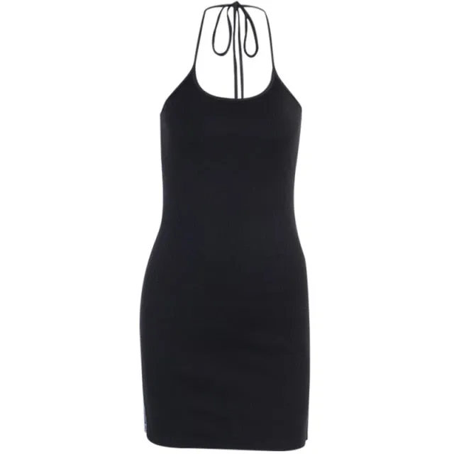 VenusFox Goth Apparel Sexy Women Halter Black Mini Dress Harajuku Letter Print Bodycon Dress Streetwear Backless High Waist Slit Dress