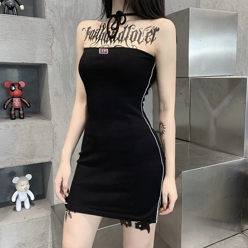 VenusFox Goth Apparel Sexy Women Halter Black Mini Dress Harajuku Letter Print Bodycon Dress Streetwear Backless High Waist Slit Dress