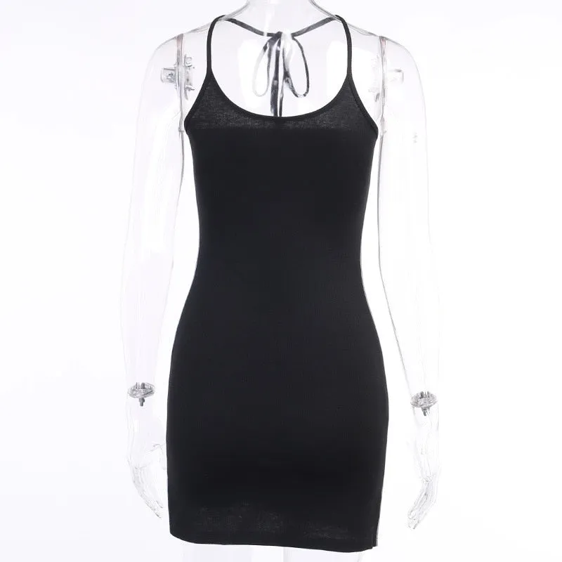 VenusFox Goth Apparel Sexy Women Halter Black Mini Dress Harajuku Letter Print Bodycon Dress Streetwear Backless High Waist Slit Dress
