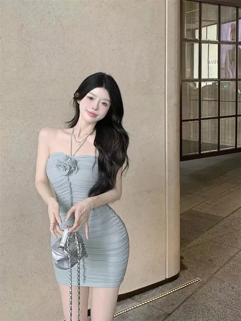 Wenkouban Pleated Mini Dress for Women, Sexy Bodycon, Romantic, Halter Straps, Elasticity Slim, Club Dress for Girls, Fashion, Y2K, 2023