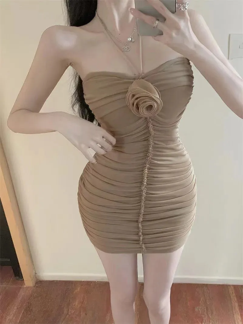 Wenkouban Pleated Mini Dress for Women, Sexy Bodycon, Romantic, Halter Straps, Elasticity Slim, Club Dress for Girls, Fashion, Y2K, 2023